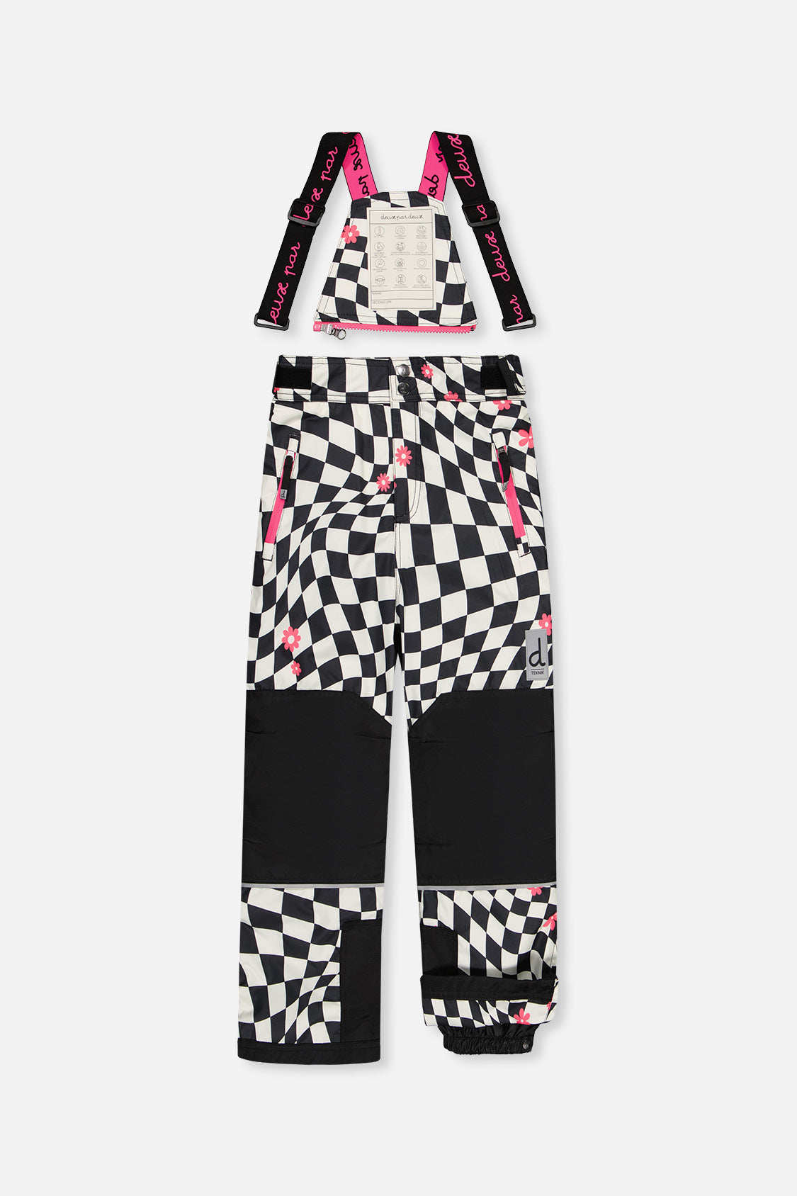Matching checkered snow pants for the TEKNIK snowsuit, front view with suspenders