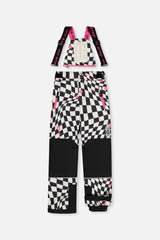 Matching checkered snow pants for the TEKNIK snowsuit, front view with suspenders