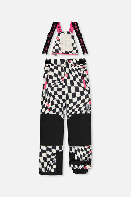 Matching checkered snow pants for the TEKNIK snowsuit, front view with suspenders