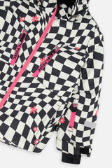 Close-up of the chest zip pockets and sleeve on the checkered TEKNIK jacket