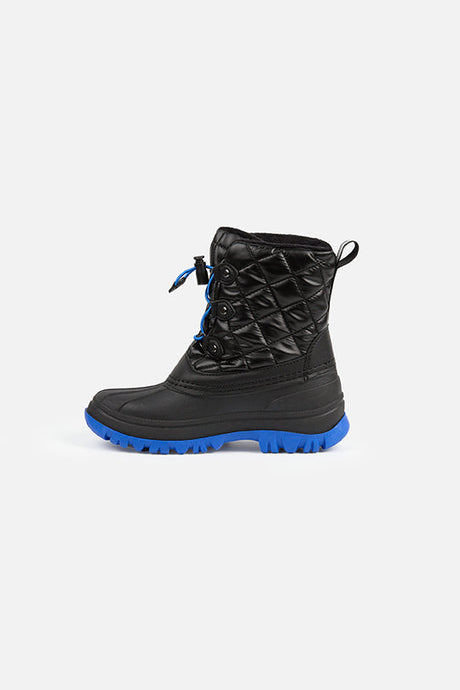 Deux par Deux boys' black quilted winter boots with blue soles – single boot, inner side view