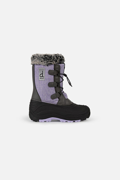 Deux par Deux girls' winter boots with removable liner in lavender and black – single boot, outer side view