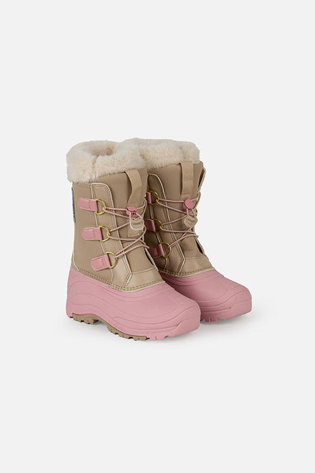 Deux par Deux girls' winter boots with removable liner, beige with pale dusty pink – pair, side angle