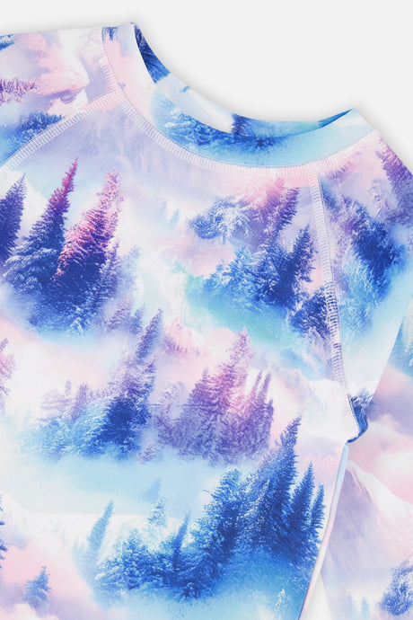Deux par Deux girls' thermal underwear set in blue and pink mountain print – alternate view
