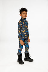 Two Piece Thermal Underwear Grey And Blue Dinosaur Print-3