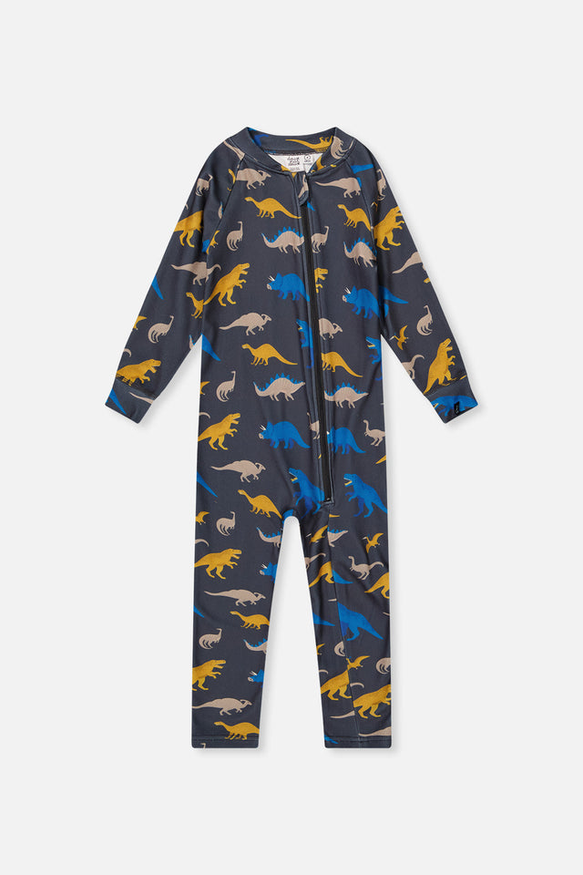 One Piece Thermal Underwear Grey And Blue Dinosaur Print-0