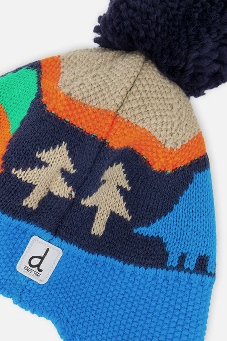 Winter Peruvian Knit Hat With Pompom Blue Dinosaur Print-4