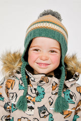 Baby Winter Peruvian Knit Hat With Pompom Beige And Green Jacquard-1