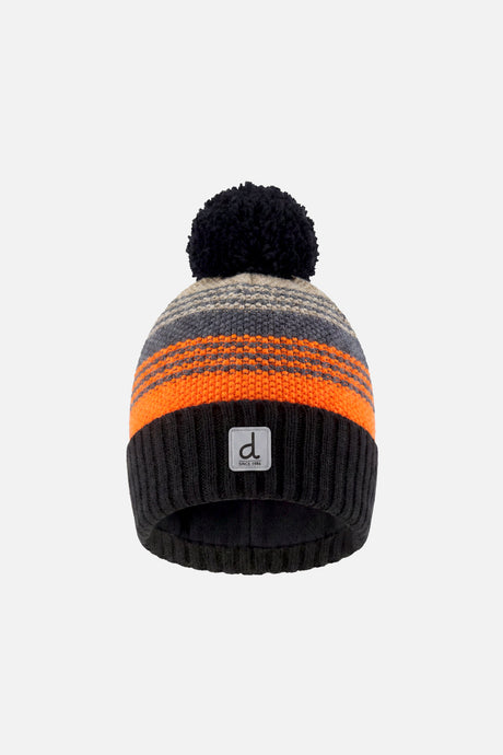Winter Knit Hat With Pompom Grey And Orange Stripes-0