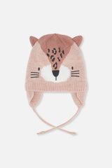 Baby Leopard Winter Knit Hat With Ear Flaps And Ears Pale Dusty Pink-0