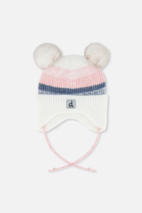 Baby Winter Knit Hat With Ear Flaps And Pompoms Off-White, Pink And Blue-0