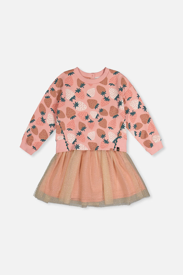 Bi-Material Dress Pink Strawberry Print-0