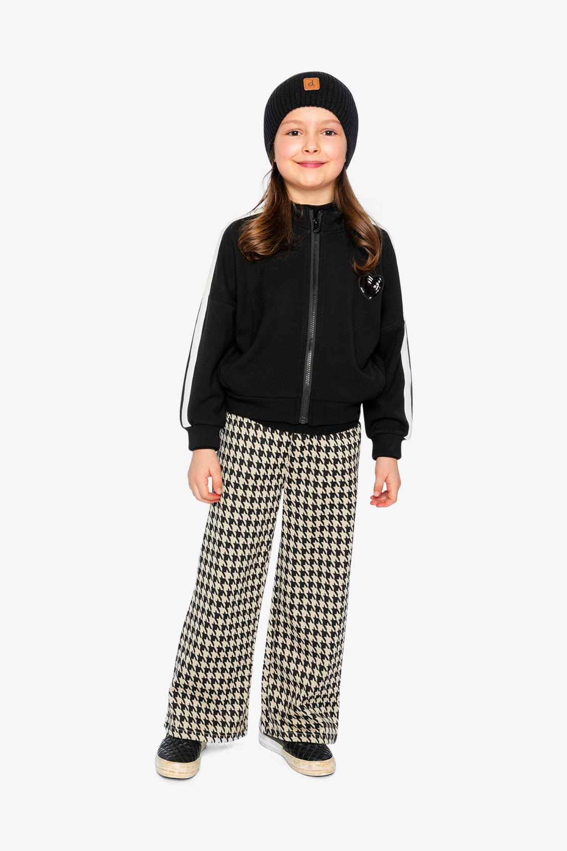 Deux par Deux black milano knit zip jacket for girls, full view