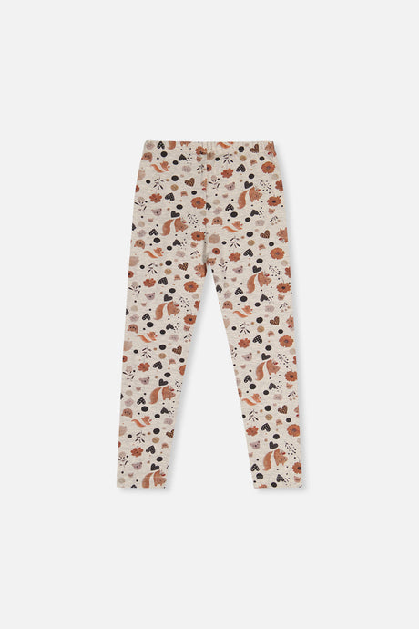 Deux par Deux girls organic cotton leggings, beige squirrel print, back view