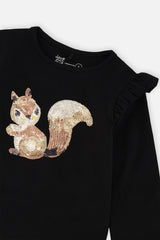 Deux par Deux girls long sleeve tee in black and brown with sequin squirrel, alternate view