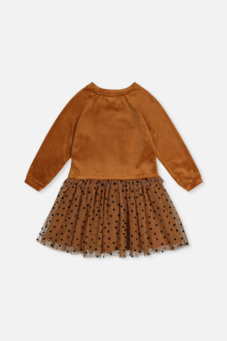 Deux par Deux girls' brown velvet and polka dot mesh dress, back view