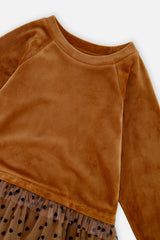 Deux par Deux girls' brown velvet and polka dot mesh dress, additional view