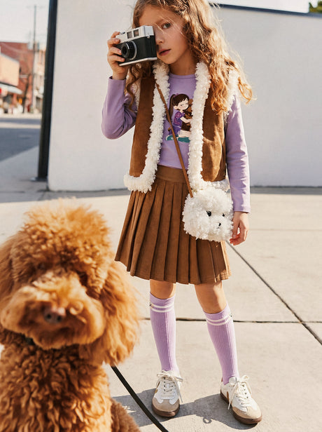 Deux par Deux brown knife-pleated skirt, styled look