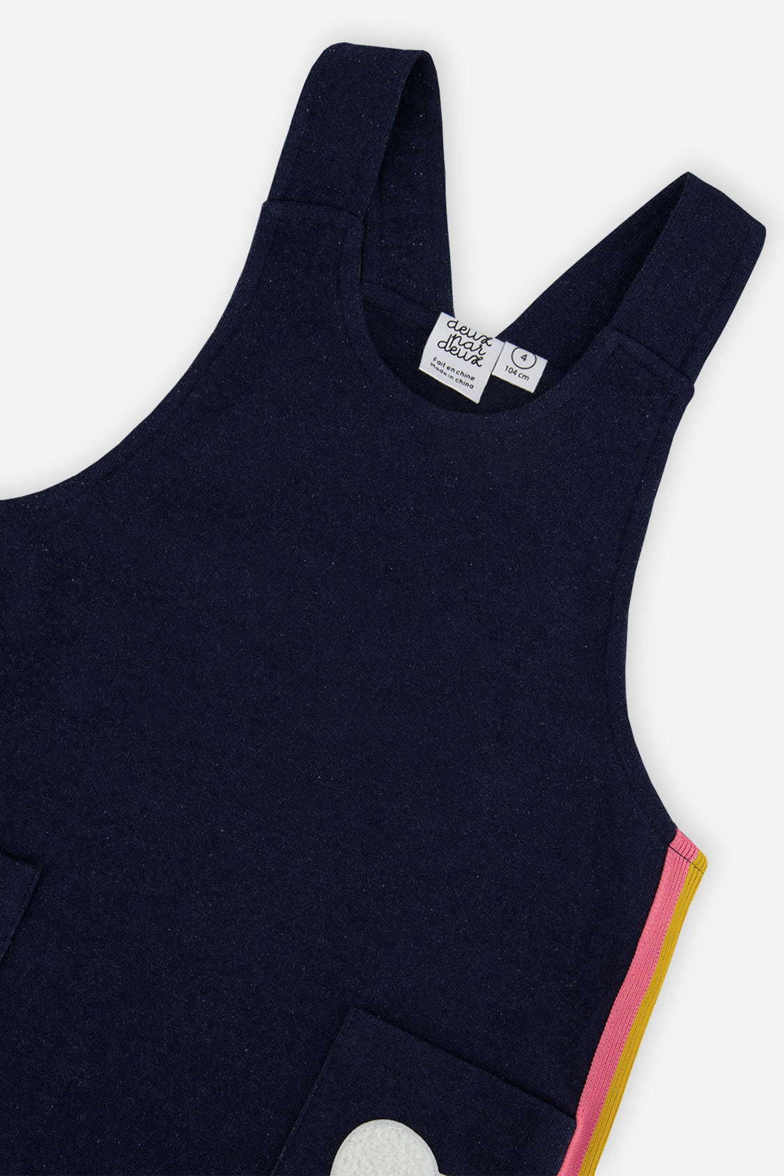 Deux par Deux girls' navy denim-look French terry overall dress – close-up of the strap and appliqué patch