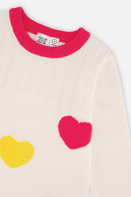 Deux par Deux girls' heart jacquard knit dress in off-white, green and pink – close-up of the collar and heart jacquard