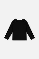 Deux par Deux girls black and mauve long sleeve tee with glitter unicorn, back view