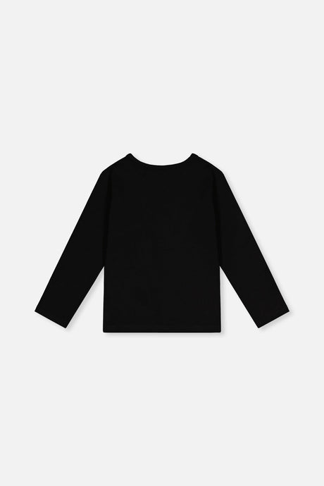 Deux par Deux girls black and mauve long sleeve tee with glitter unicorn, back view