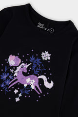 Deux par Deux girls black and mauve long sleeve tee with glitter unicorn, alternate view