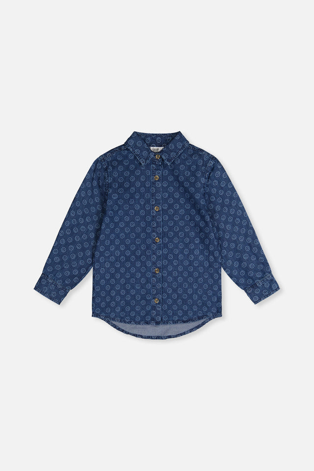 Chambray Shirt Blue Smiley Print-0