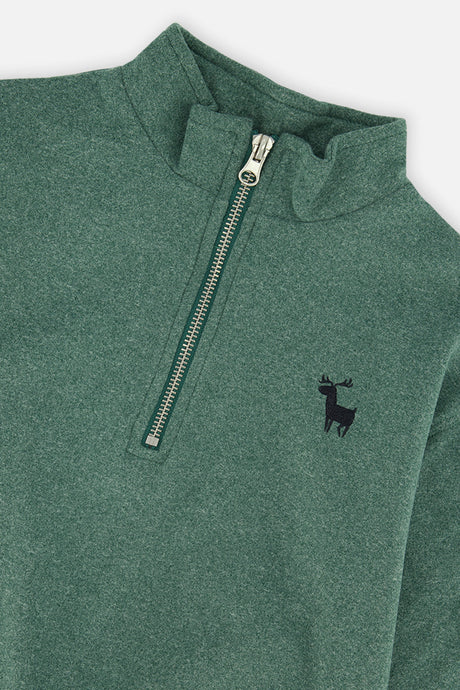 Deux par Deux dark green mock neck sweater with deer, alternate view