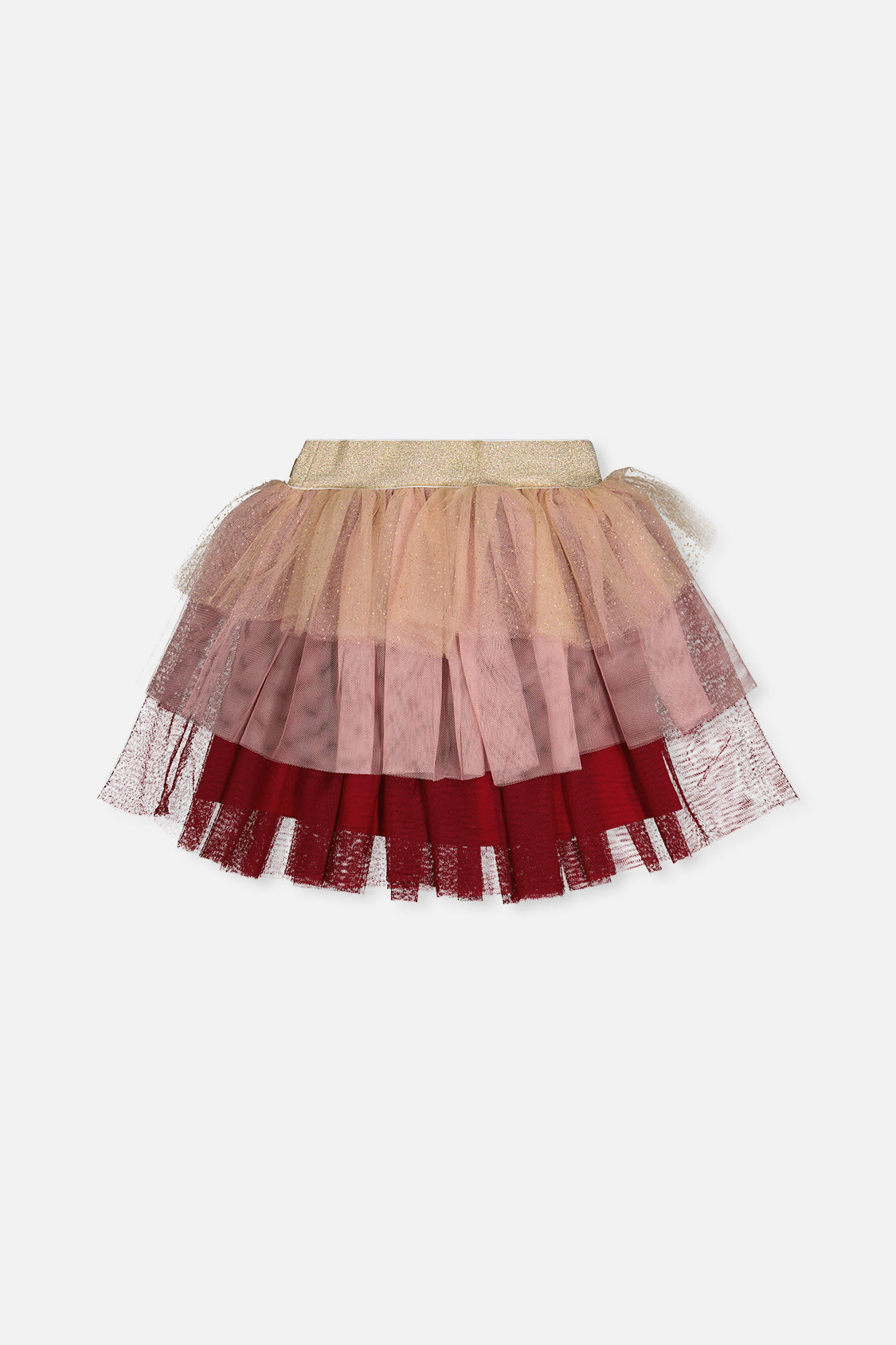 Deux par Deux girls' red, pink and beige glittering mesh skirt, back view