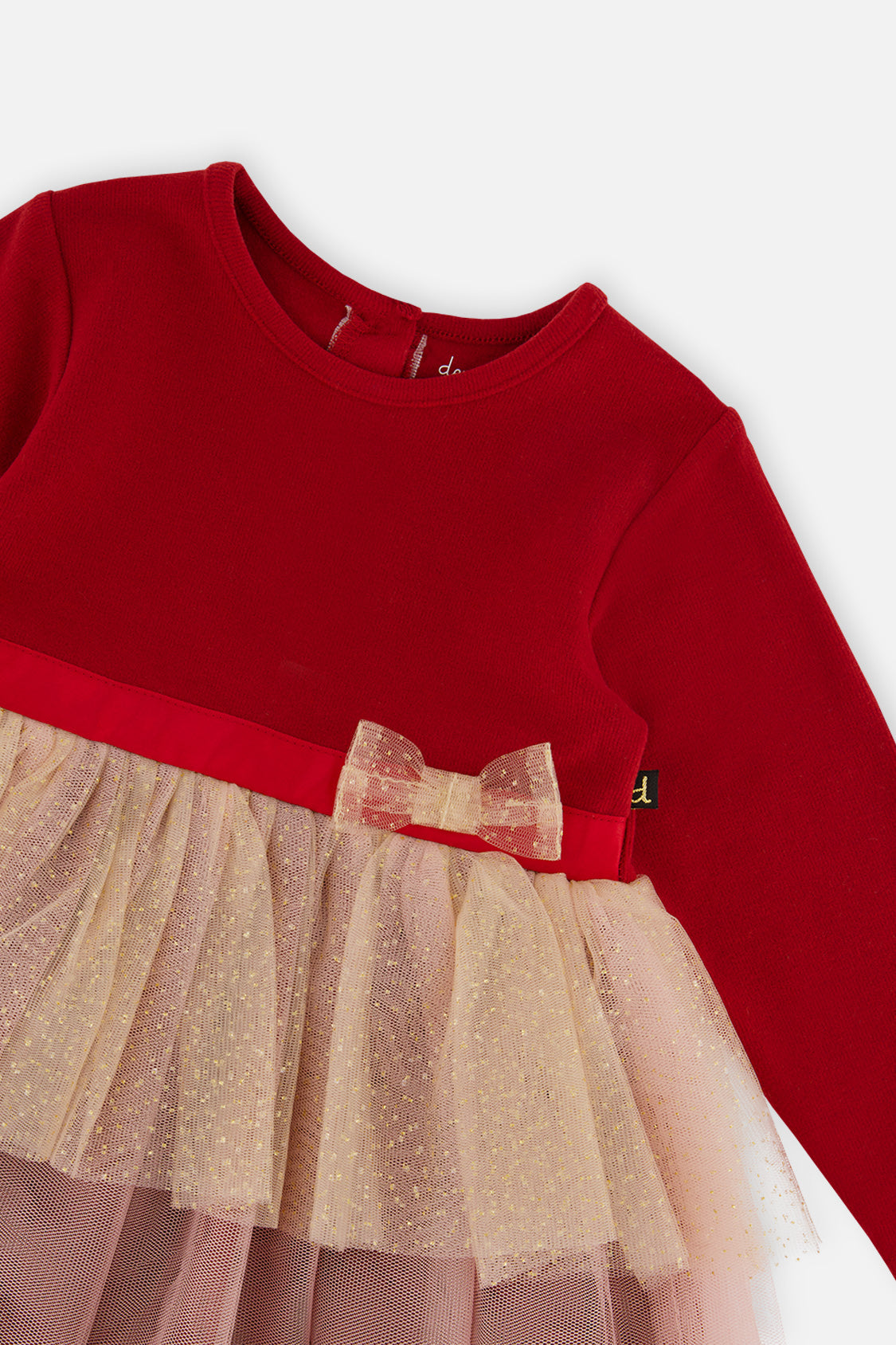 Additional view of the red bi-material dress by Deux par Deux