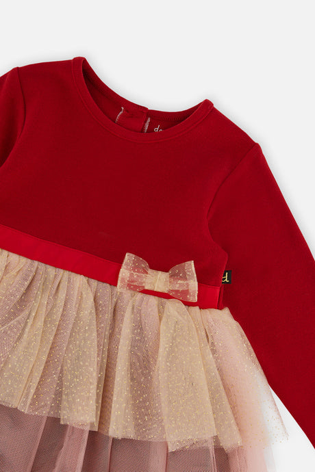 Additional view of the red bi-material dress by Deux par Deux
