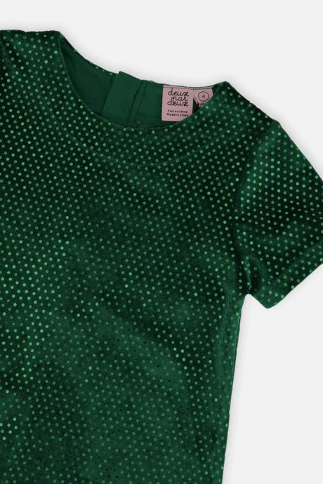 Deux par Deux girls' forest green sparkle velour dress, detail view