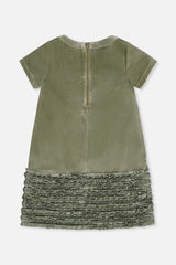 Deux par Deux girls' greyish green velour dress with bow, back view