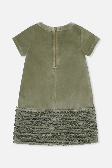 Deux par Deux girls' greyish green velour dress with bow, back view