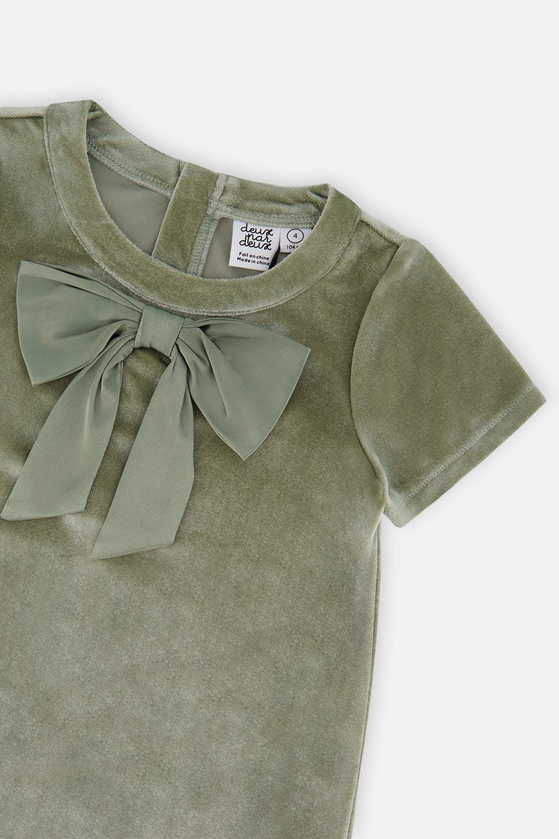 Deux par Deux girls' greyish green velour dress with bow, detail view