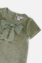 Deux par Deux girls' greyish green velour dress with bow, detail view
