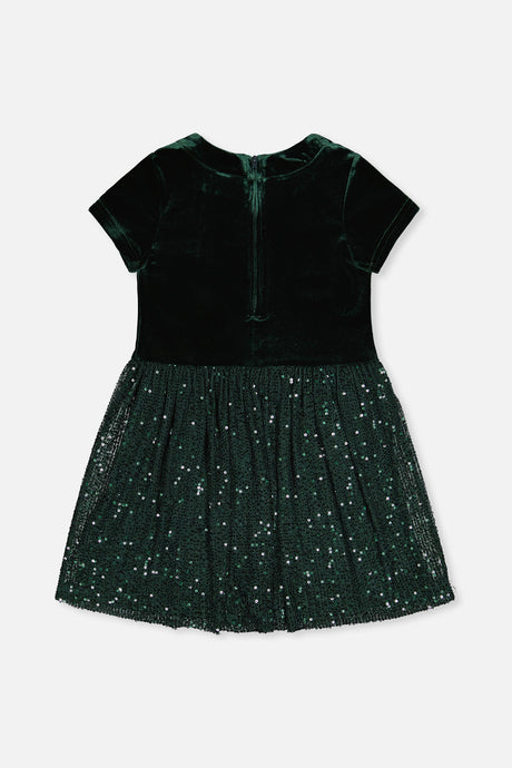 Deux par Deux girls Green Forest velvet dress with glittering mesh skirt, back view