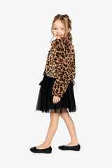 Deux par Deux girls' brown leopard print faux fur jacket, full view