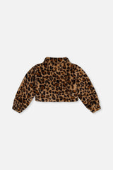 Deux par Deux girls' brown leopard print faux fur jacket, back view