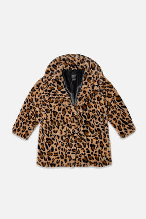 Faux Fur Long Coat Brown Leopard Print-0