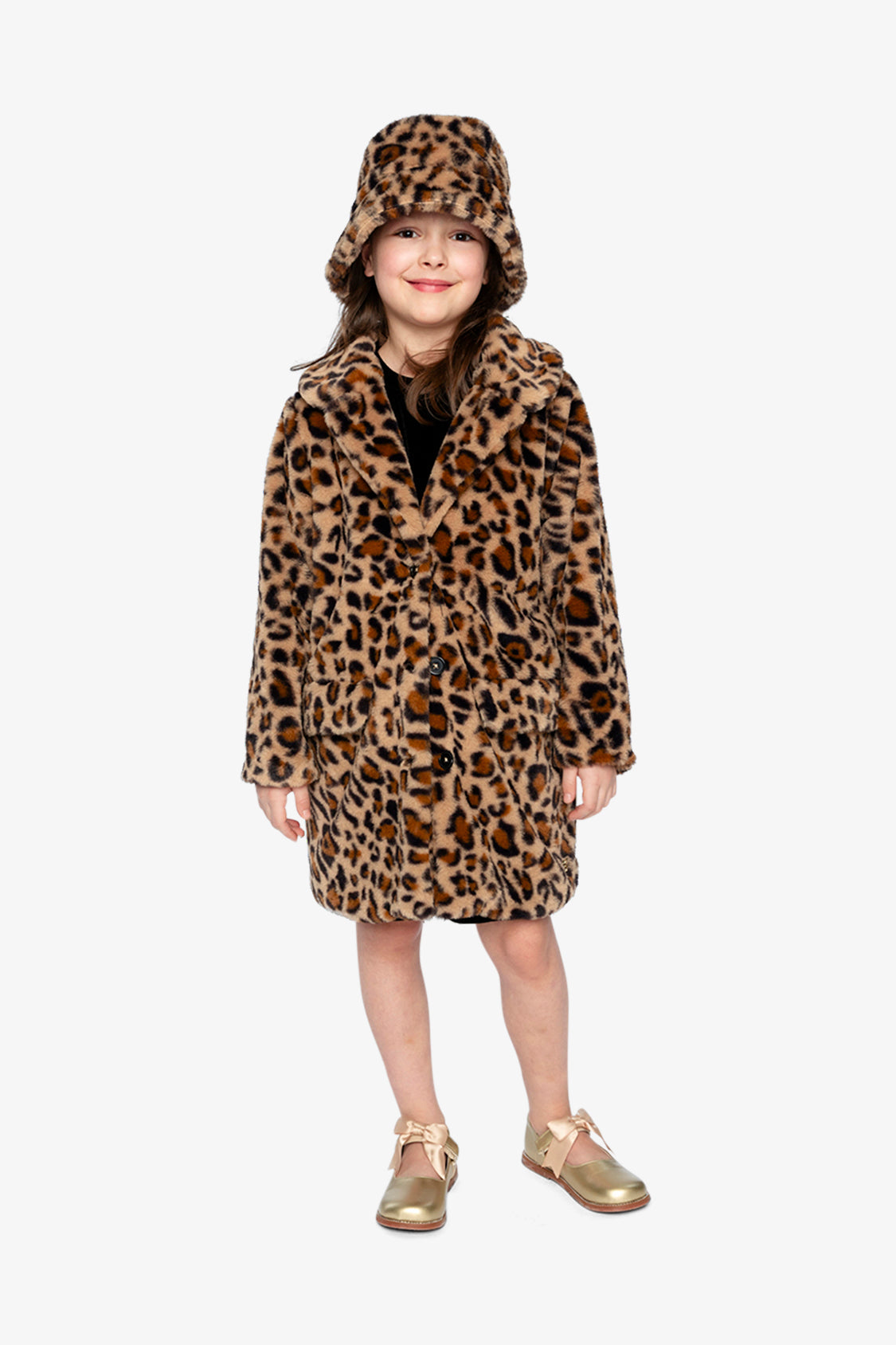 Child wearing Deux par Deux long faux fur coat in brown leopard print, view 6