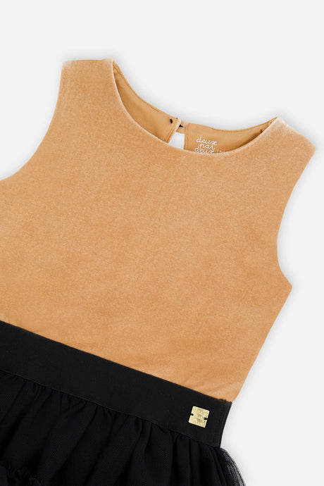 Deux par Deux girls' beige and black sleeveless velour and mesh dress, additional view