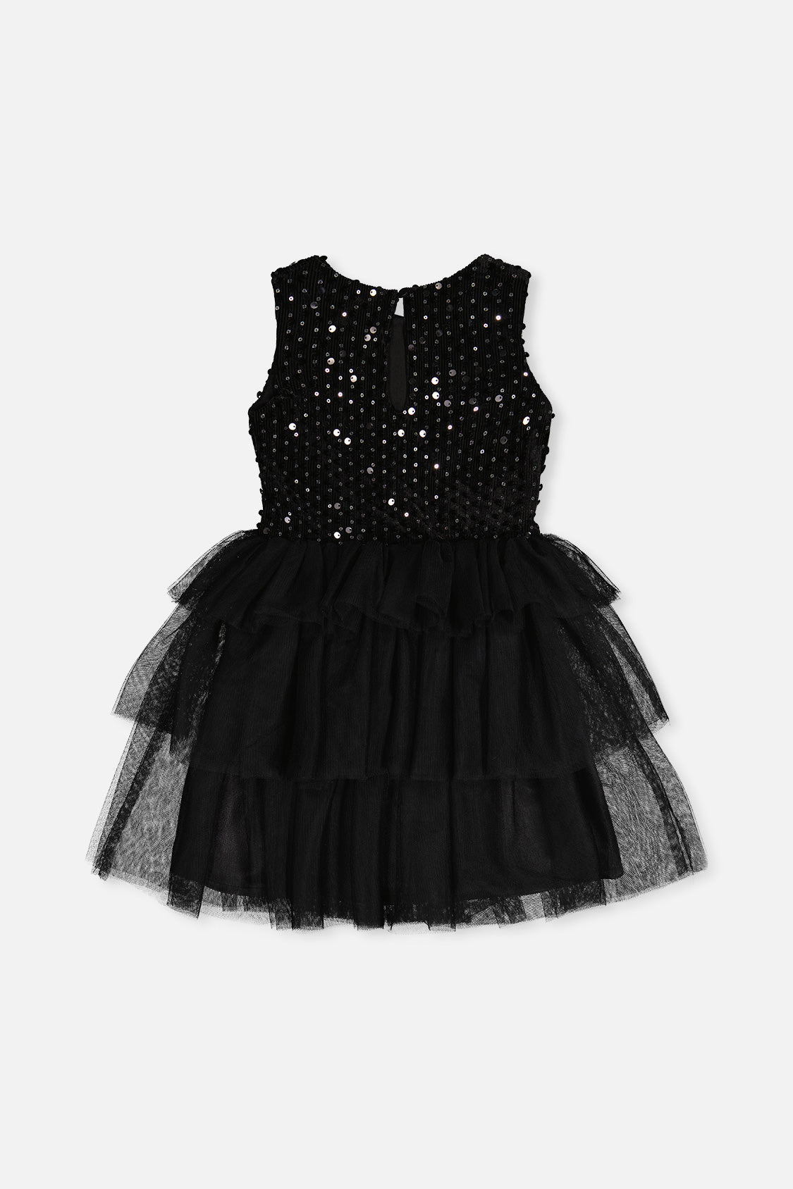 Back view of the Deux par Deux black sleeveless velour and mesh dress