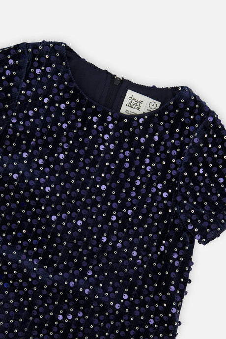Deux par Deux girls' dark blue sparkle velour A-line dress, additional view