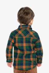 Child wearing the Deux par Deux orange, blue and green plaid shirt, lookbook photo 3