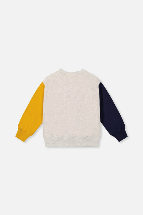 Deux par Deux fleece sweatshirt in heather grey, yellow and blue with smiley face graphic, back view