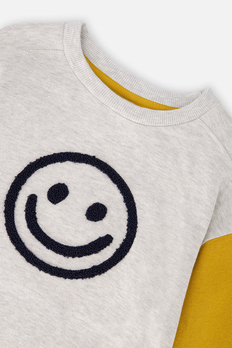 Deux par Deux fleece sweatshirt in heather grey, yellow and blue with smiley face graphic, alternate view