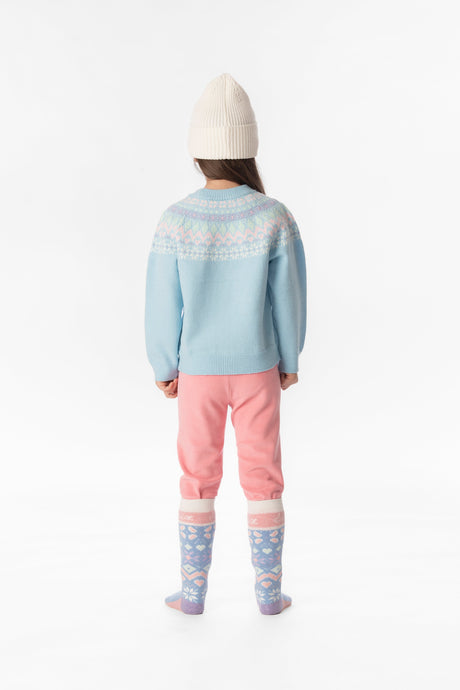 Lookbook look featuring the Deux par Deux light blue Nordic jacquard knit sweater