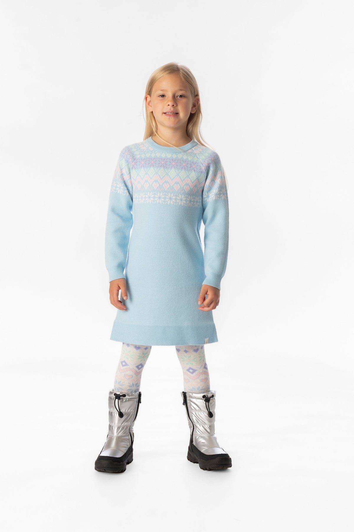 Child wearing the Deux par Deux light blue Fair Isle knit dress